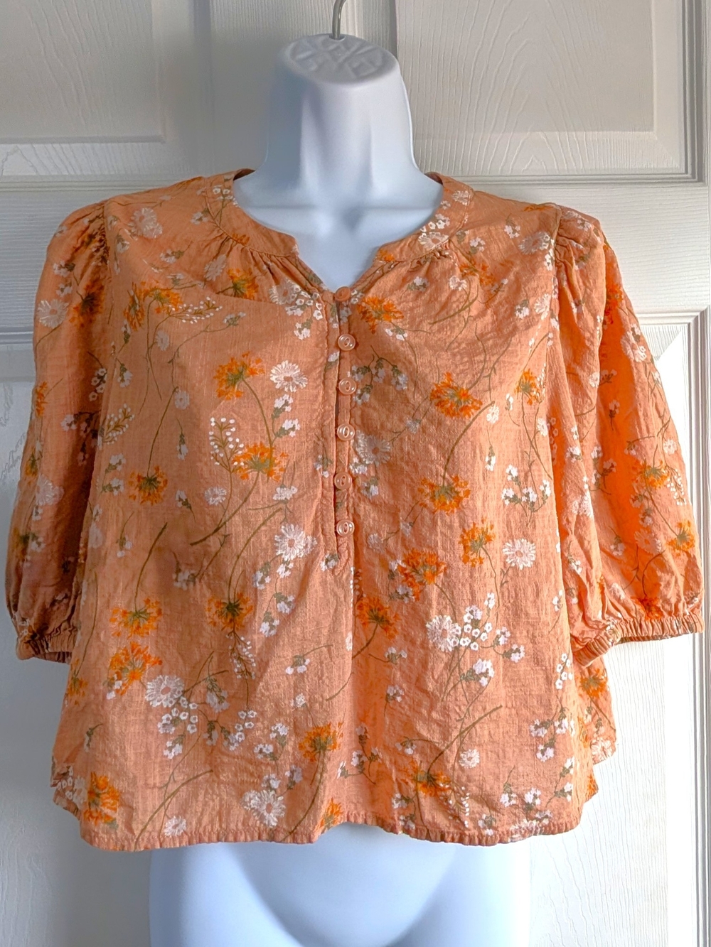 a.n.a Peach Floral Button-Up Puff Sleeve Blouse